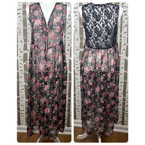 Foreign Exchange Long Sheer Rose Print Lace Back Open Front Maxi Vest Duster sz